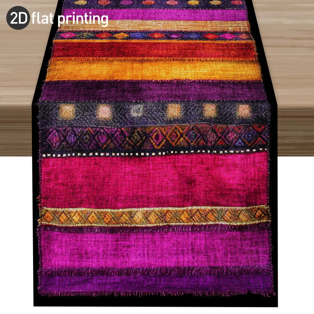 Boho Table Runner - 1PC Vibrant Striped 2D Flat Print Ethnic Totem Clear Pattern Cover for Summer Kitchen Dining