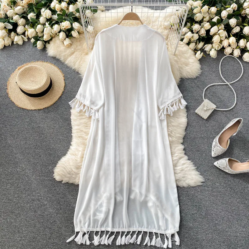 Sexy Bohemia Tassel Embroidery Sheer Loose Beach Cover Up Long Cover-ups Vacation Beach Dress Beach Wear Beachwear Female Women