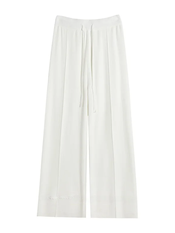 Damskie spodnie z wysokim stanem, dzianinowe, z szerokimi nogawkami, miękkie, z koronkowym wykończeniem, codzienne spodnie do ziemi, spodnie typu dra, jesień-zima, nowość.