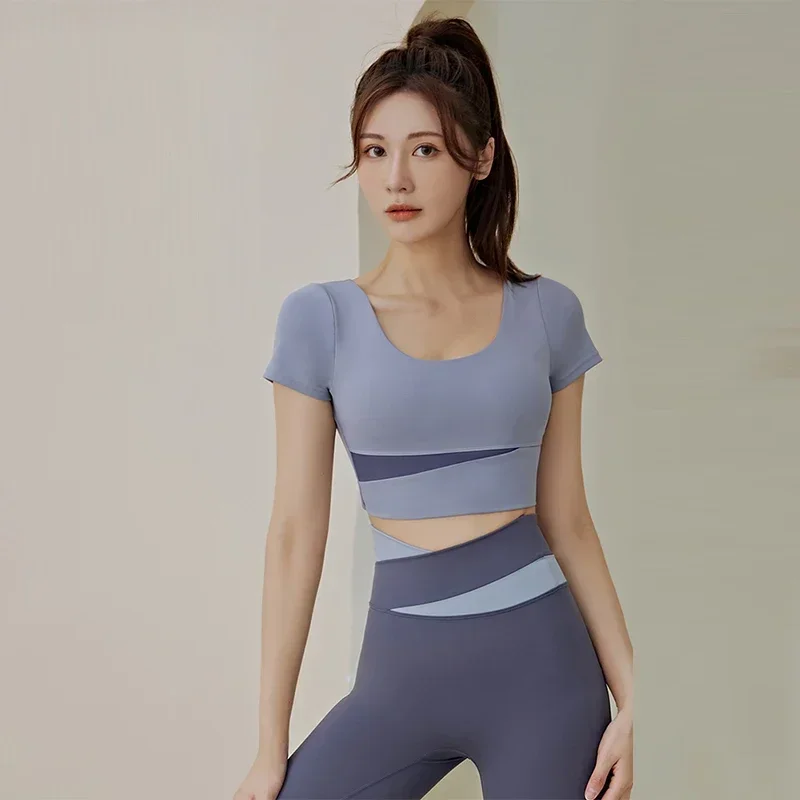 Women 2 Pcs Gym Sets Sports Crop Tops Pants Running Fitness Yoga Suits Gym Sportswear Lady Workout Clothes High Waist Leggings