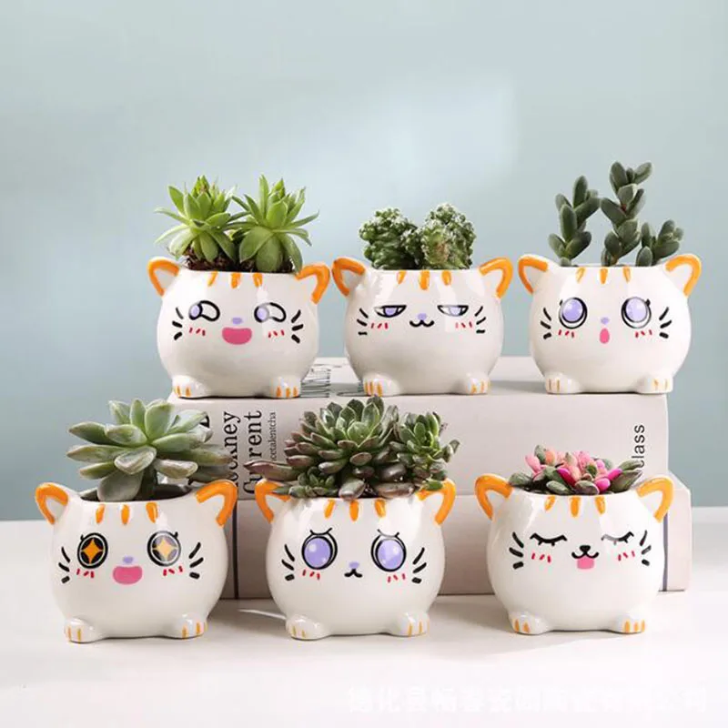 Cartoon Cat Porcelain Succulent Plant Pot Bonsai Vase Flowerpot Ceramic Crafts Desktop Ornaments Home Garden Decor