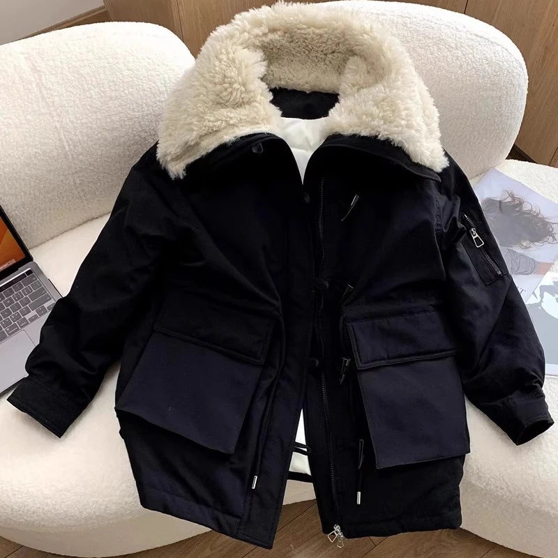 

Женская парка с большим меховым воротником, осень-зима, корейский стиль, толстая теплая хлопковая стеганая куртка с длинными рукавами, женское свободное пальто