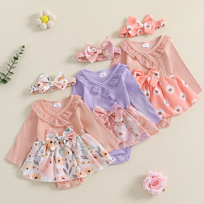 

2024-06-13 Lioraitiin 0-18M Toddler Baby Girls Romper Dress Floral Print Lace Trim Long Sleeve Jumpsuit and Cute Headband Set