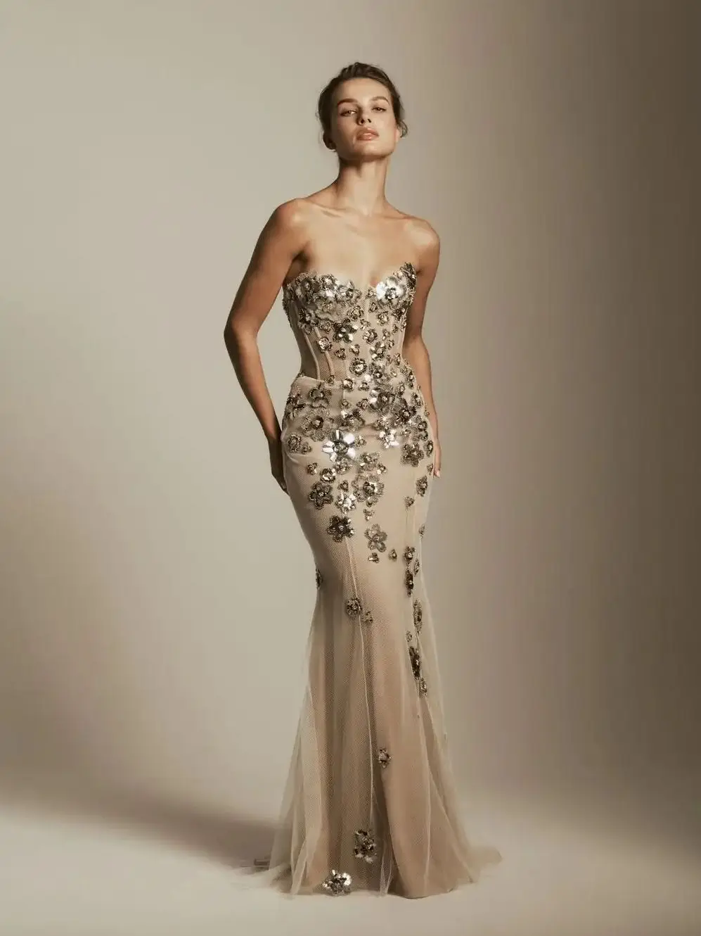 

Ofherown Shiny Sequins Sheer Tulle Prom Dresses Strapless Mermaid zipper Up Evening Gown Women Party Gowns for Special Occasion