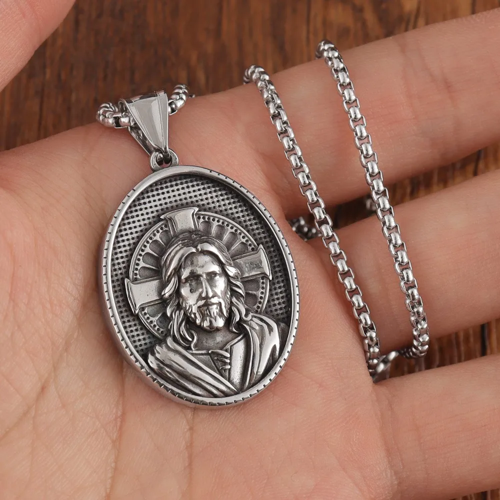 Vintage Cross Jesus Commemorative Medal Pendant Charm Men's Necklace Fashion Christmas Valentine's Day Gift Protector Jewelry