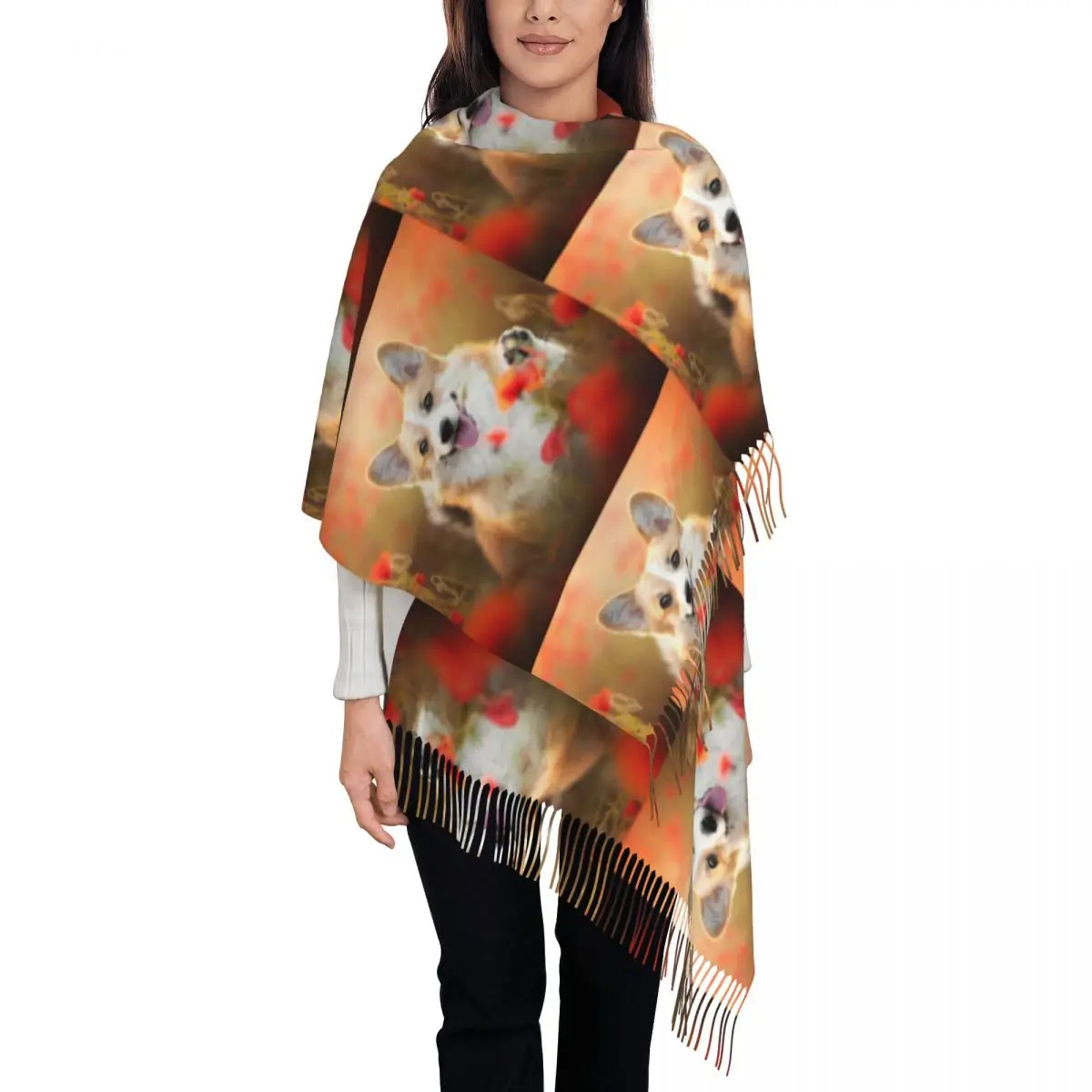 Corgi In A Poppy Field Scarf Tassel Scarves for Women Soft Warm Shawls and Wraps Large Fall Winter Shawl Wrap