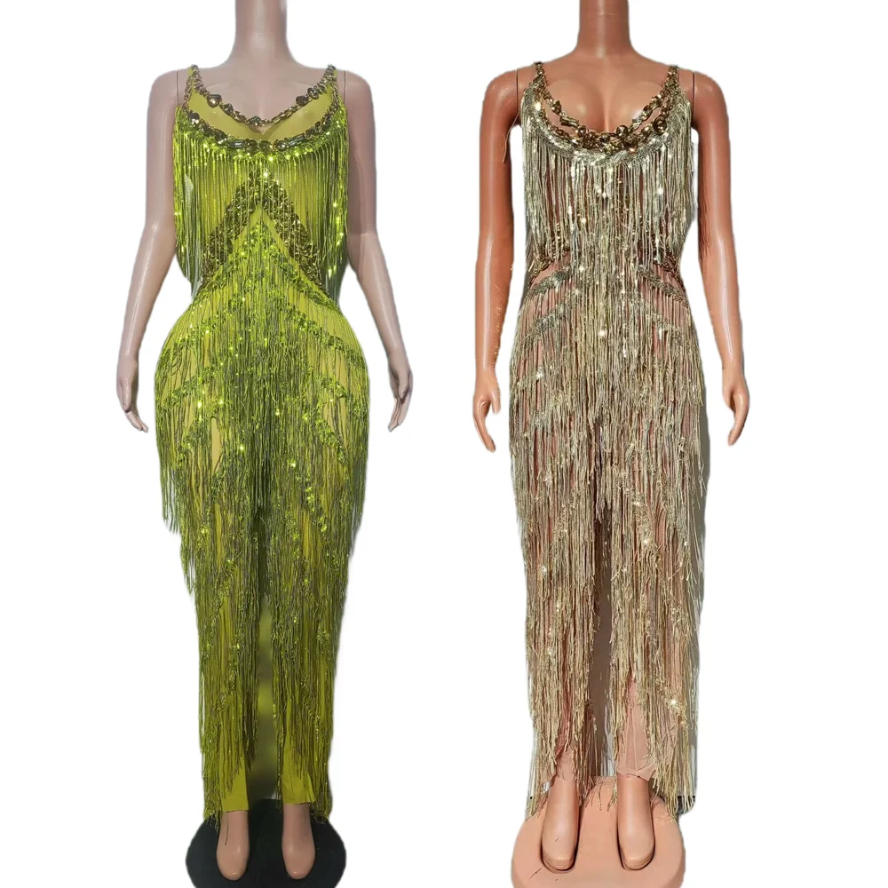 

Сексуальный комбинезон с тонкими бретелями, стразами и бахромой, широкие штанины, женский цельный комбинезон с бахромой, наряд для клуба, вечеринки, шоу, ромпер