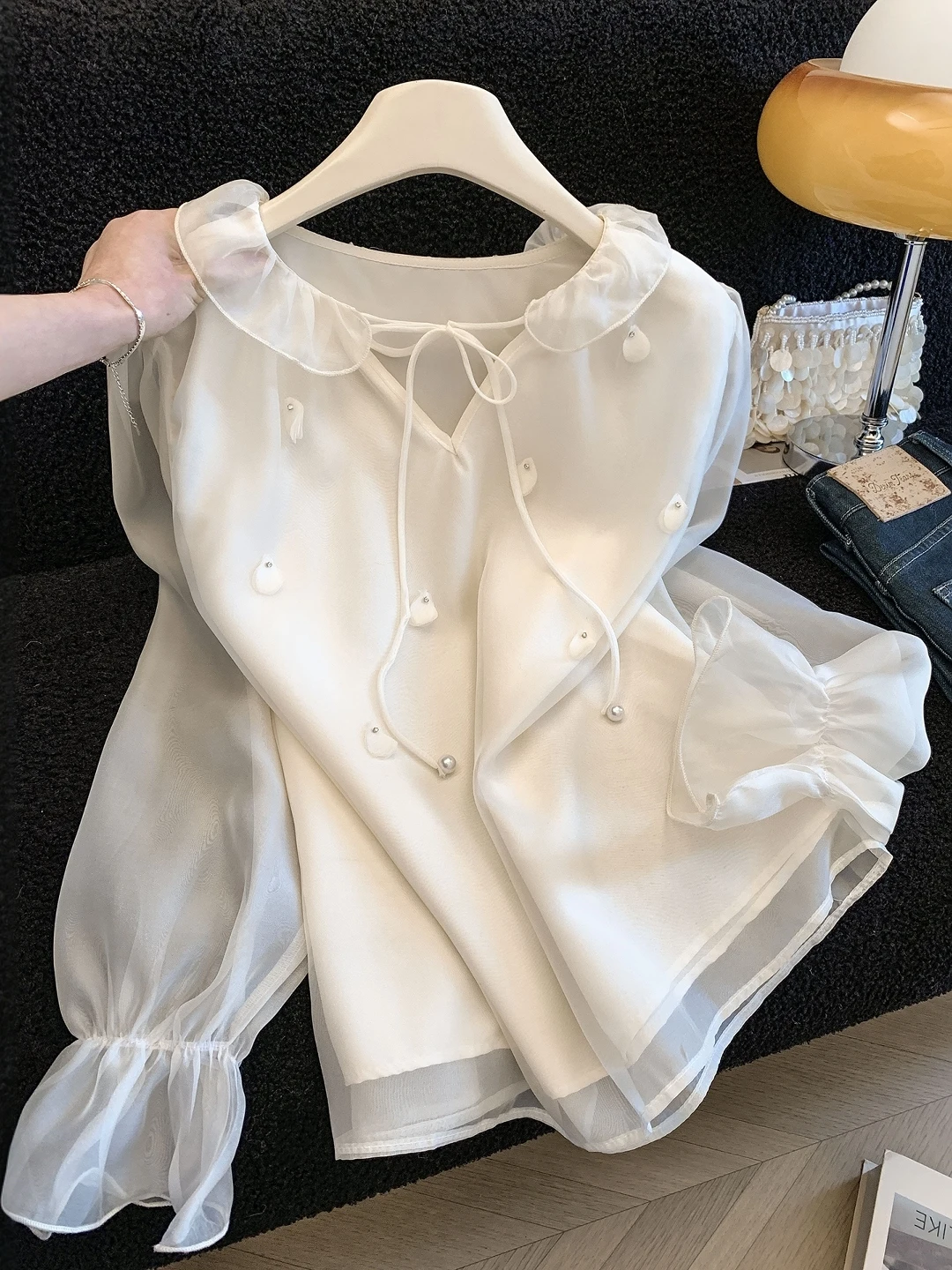 

Элегантная женская рубашка свободного кроя с длинными рукавами, 3D-цветочным декором и бантом, в корейском стиле, для повседневной носки, весенняя коллекция