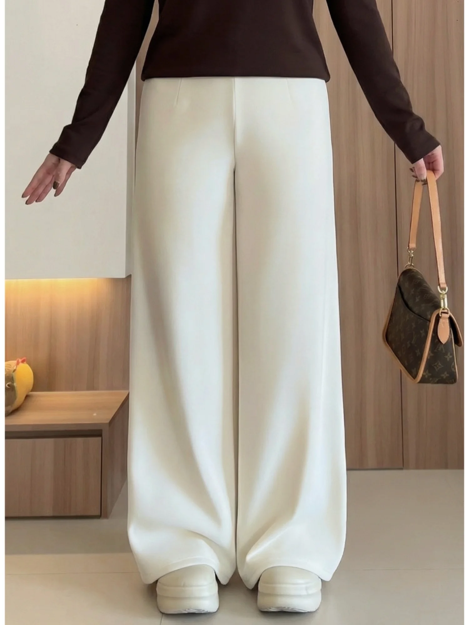 

Женские зимние брюки больших размеров с высокой талией, на флисовой подкладке, широкие, прямого кроя, повседневные, для поездок на работу, стройнящие, модные 16728F