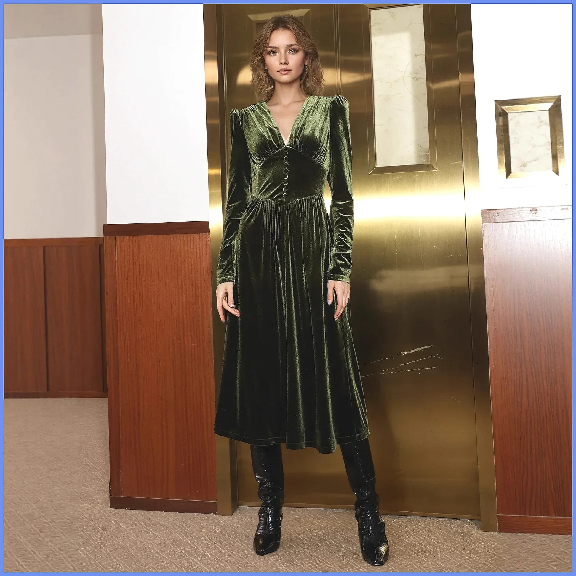 French Vintage Green Velvet V-Neck Long Dress for Women, Slim Fit Party Dress for Autumn Winter view 2