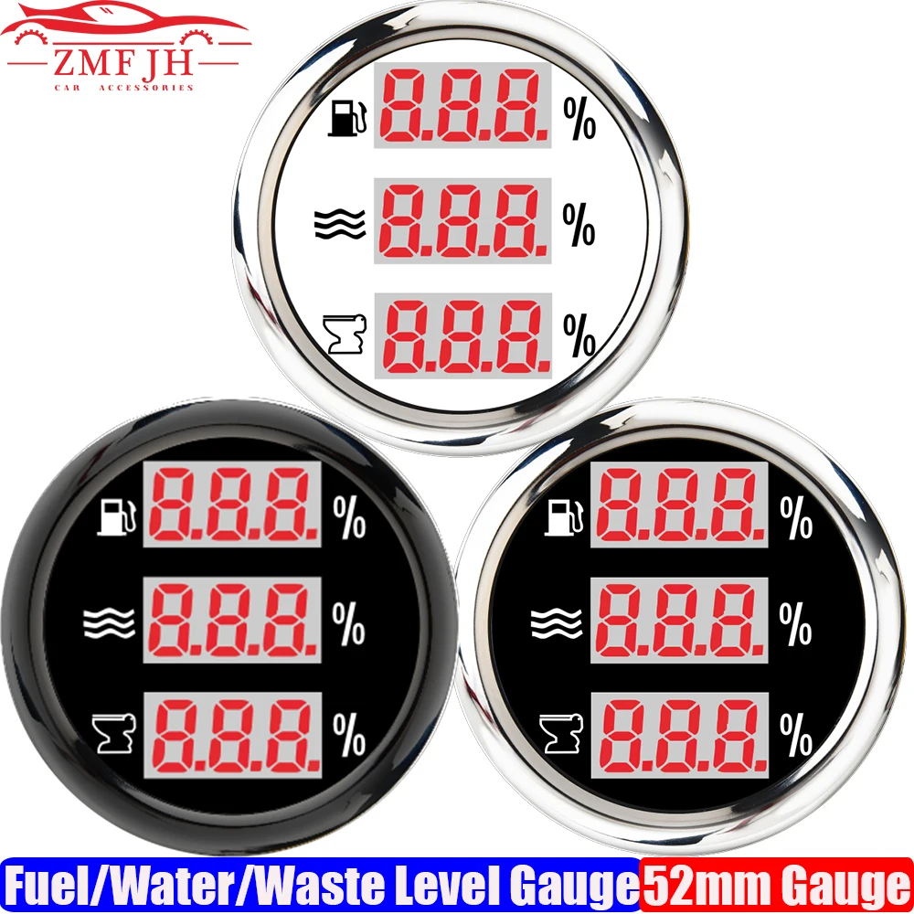 Digital 52mm Fuel/Water/Sewage Level Gauge with Warning 0-190ohm Red LED 3 IN 1 Waste Level Meter for Car Marine Yacht Custom