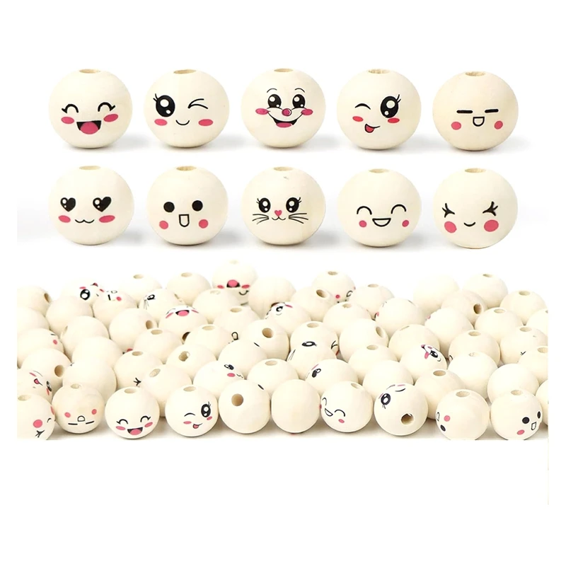 10 Styles Wooden Beads With Face, Pack Of 100 Wooden Balls With Face 20 Mm With Hole, Wooden Heads With Face For Crafts