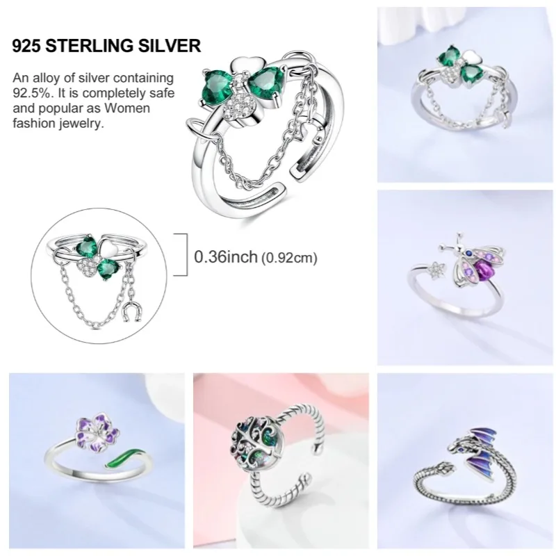 Women's Blue Star Clover Adjustable Ring, 925 Sterling Silver
