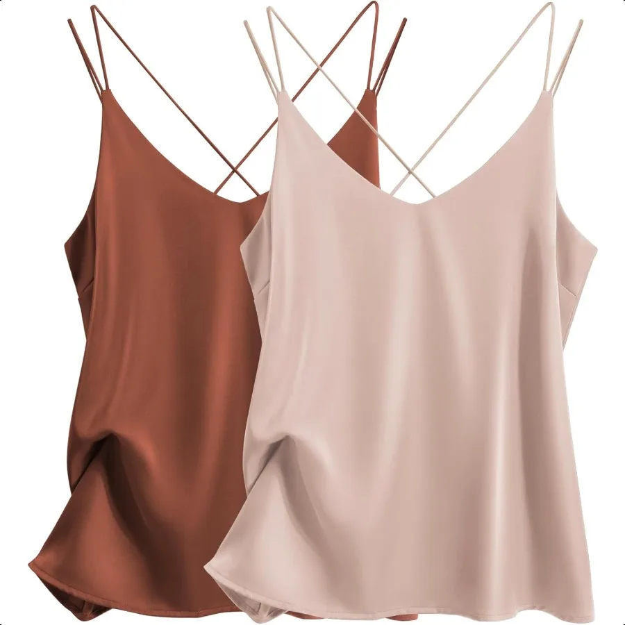 

Ekouaer Womens Silk Satin Camisole Tank Tops V Neck Spaghetti Strap Blouses Cross Back Sleevel Cami Shirt