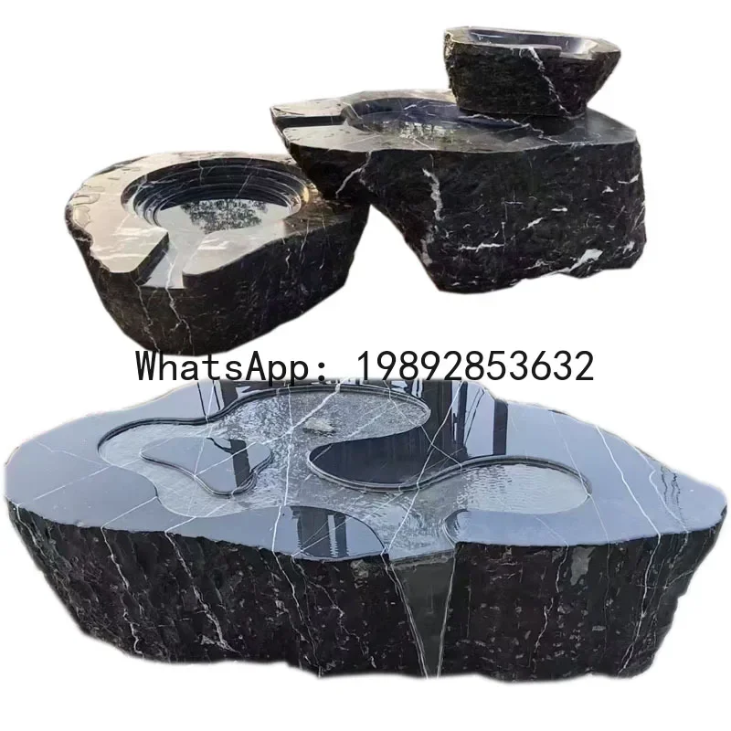 XL Black Mountain Stone Courtyard Fountain  Sculpture Water Spray Garden Landscape Stone Bowl Irregular Water Feature