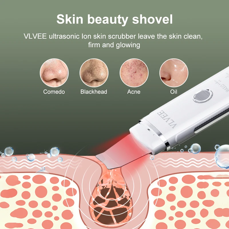 VLVEE 4 IN 1 ultrasonic skin scrubber facial Cleansing spatula blackhead removal Device deep cleansing pore acne with USB Charge