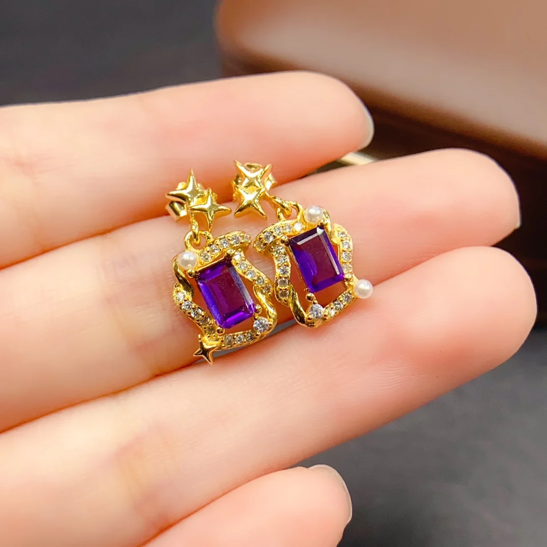 4*6mm 천연 자수정 귀걸이 S925 스털링 실버 인증서 고급 패션 참 웨딩 주얼리 여성용 FS