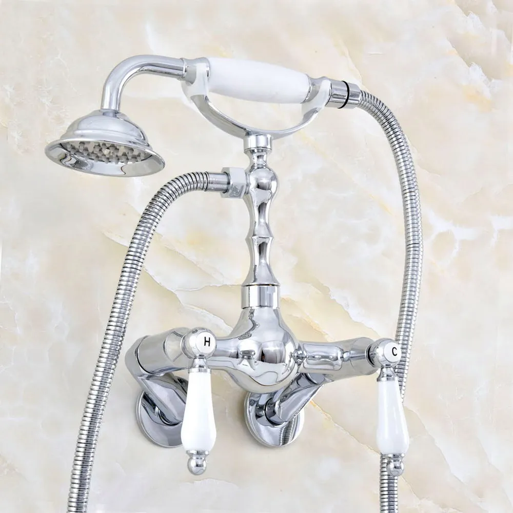 

Modern Silver Chrome Brass Adjusts From 3-3/8" Wall Mount Bathtub Faucet with Handheld Shower Set +1500MM Hose Mixer Tap 2qg425