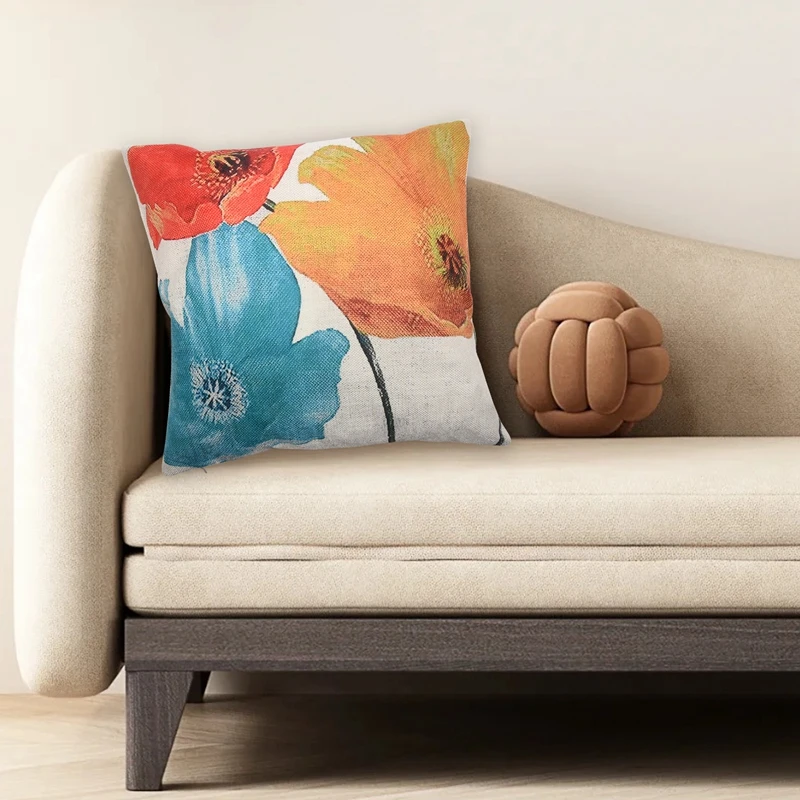 ●flax Square Decorative Throw Pillow Case Cushion Cover Enchanting Beautiful Tricolor Red Yellow Blue Flowers-ABFB
