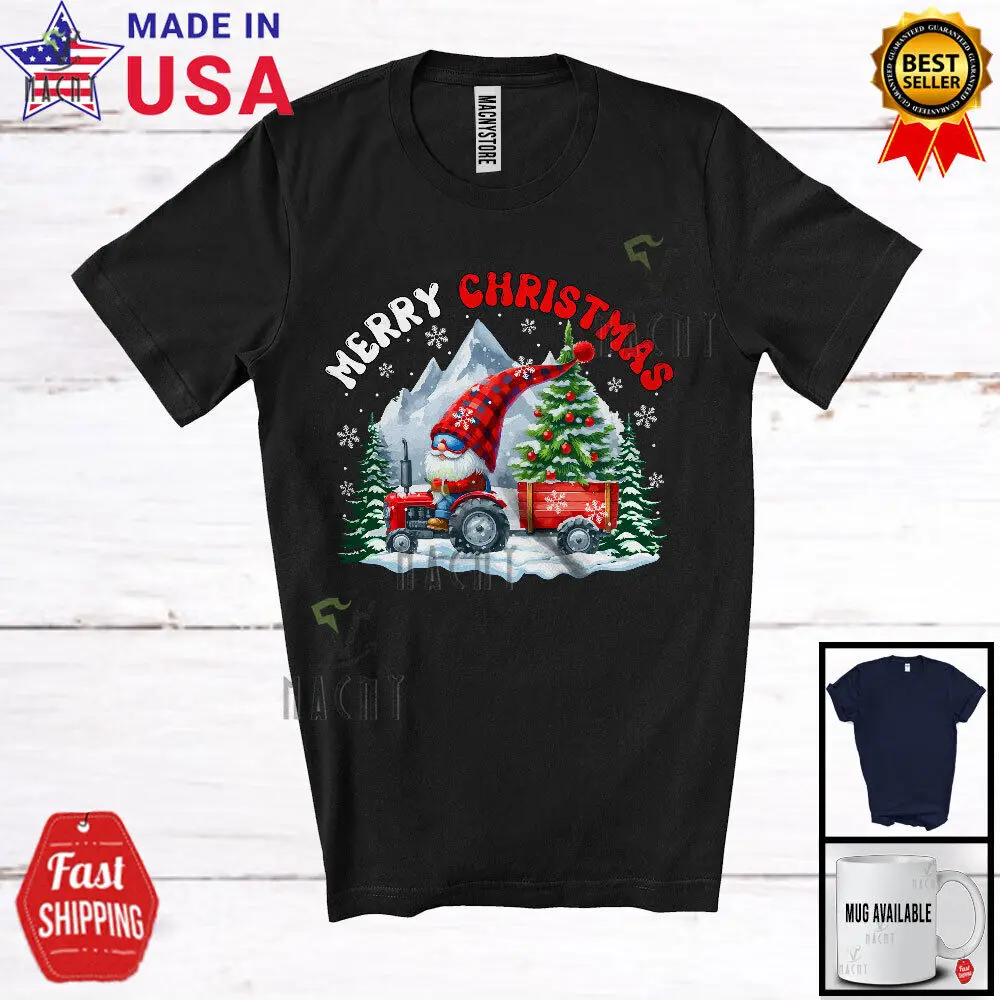 

Merry Christmas; Adorable X-mas Tree Gnome Driving Tractor Trailer; Snow T-Shirt