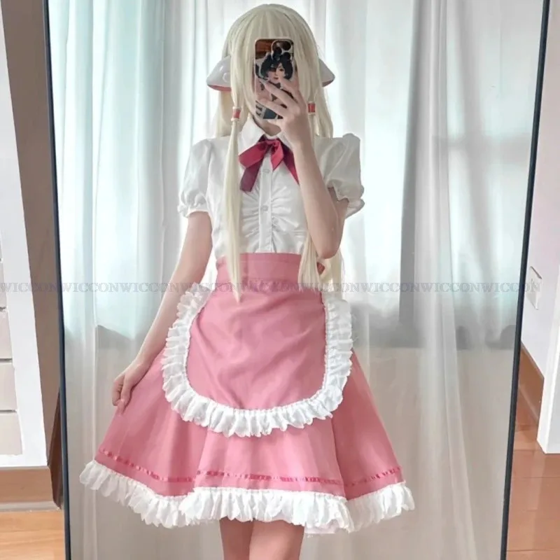 Ss13Anime Chobits-Disfraz de Cosplay, peluca Chi, vestido de sirvienta rosa, accesorios de Lolita, traje Sexy Kawaii para fiesta de cumpleaños y Halloween
