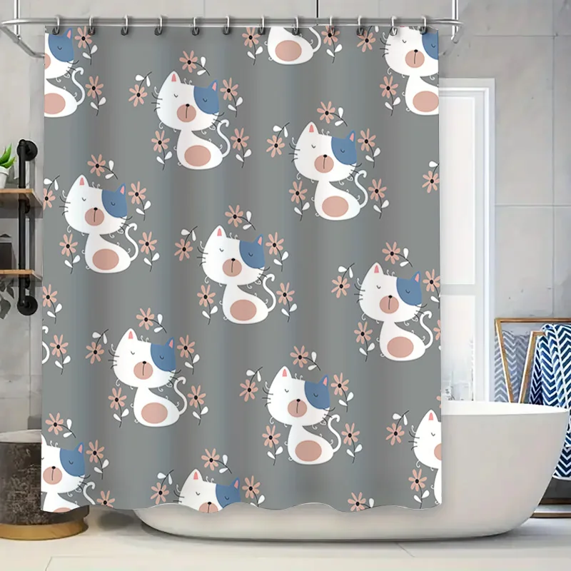 

Stylish Cartoon Cat Print Shower Curtain Waterproof Fabric for Bathroom Decor