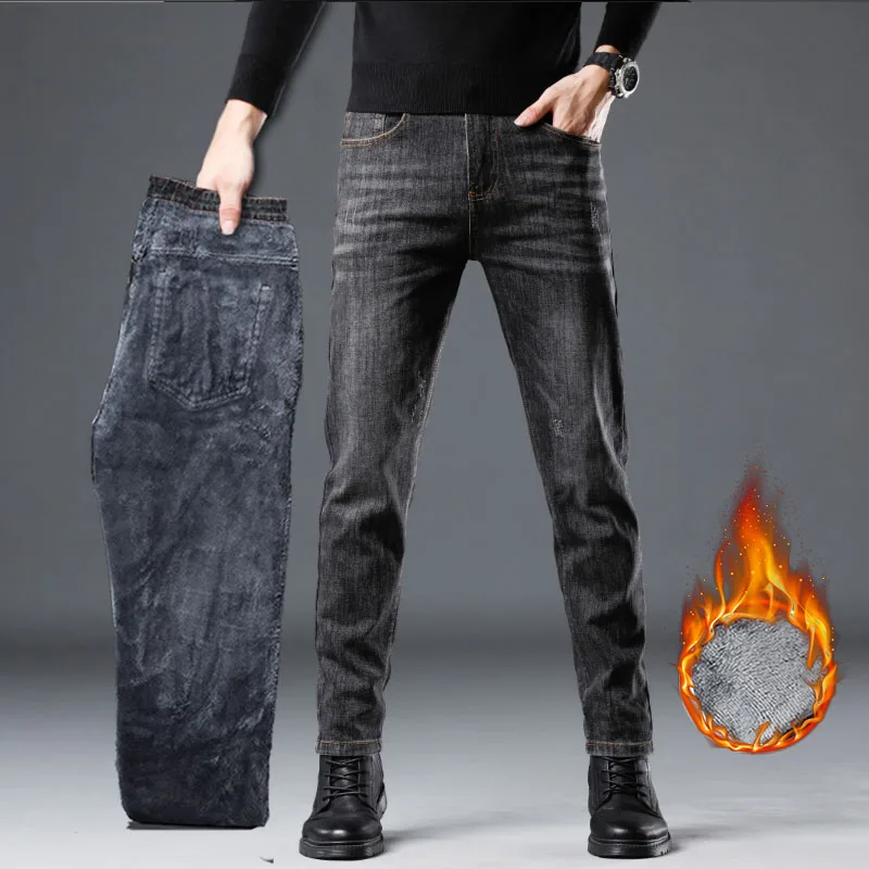 Herren Winter Business Slim Fit Fleece Jeans Dicke warme weiche Hose Casual Business Vielseitige verschleißfeste Plüsch-Samthose