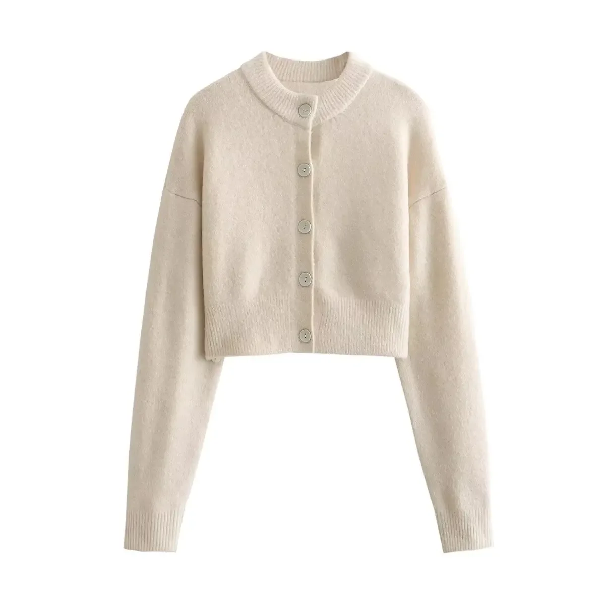 2024 New Women Fashion Solid Beige + Green Knitted Cropped Cardigan Sweater Long Sleeve With Buttons Lady Vintage Outwear
