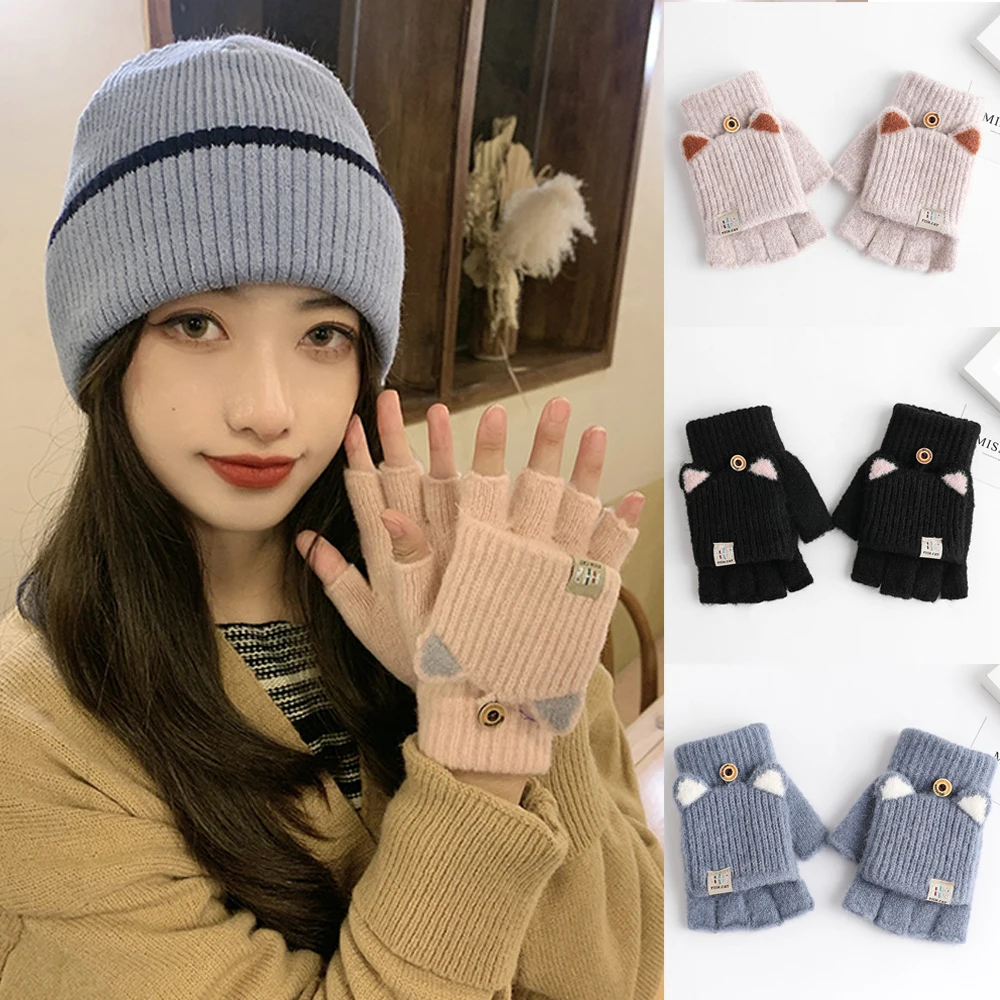 Winter Warm Knitted Gloves Cute Cat Ear Girls Writing Convertible Flip Top Glove Thicken Hand Warmer Cycling Fingerless Mittens