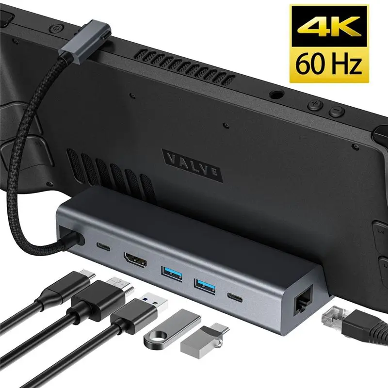 

Doking Station 6 в 1 для Steam Deck USB Type C к HDMI-совместимому 4K 60 Гц RJ45 USB3.0 для зарядки телевизора Steam Deck