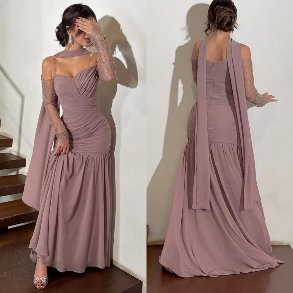 

Customized Matching Chiffon Pleat Sequined Trumpet Off-the-shoulder Long Dresses Bespoke Occasion Celebrity Elegant