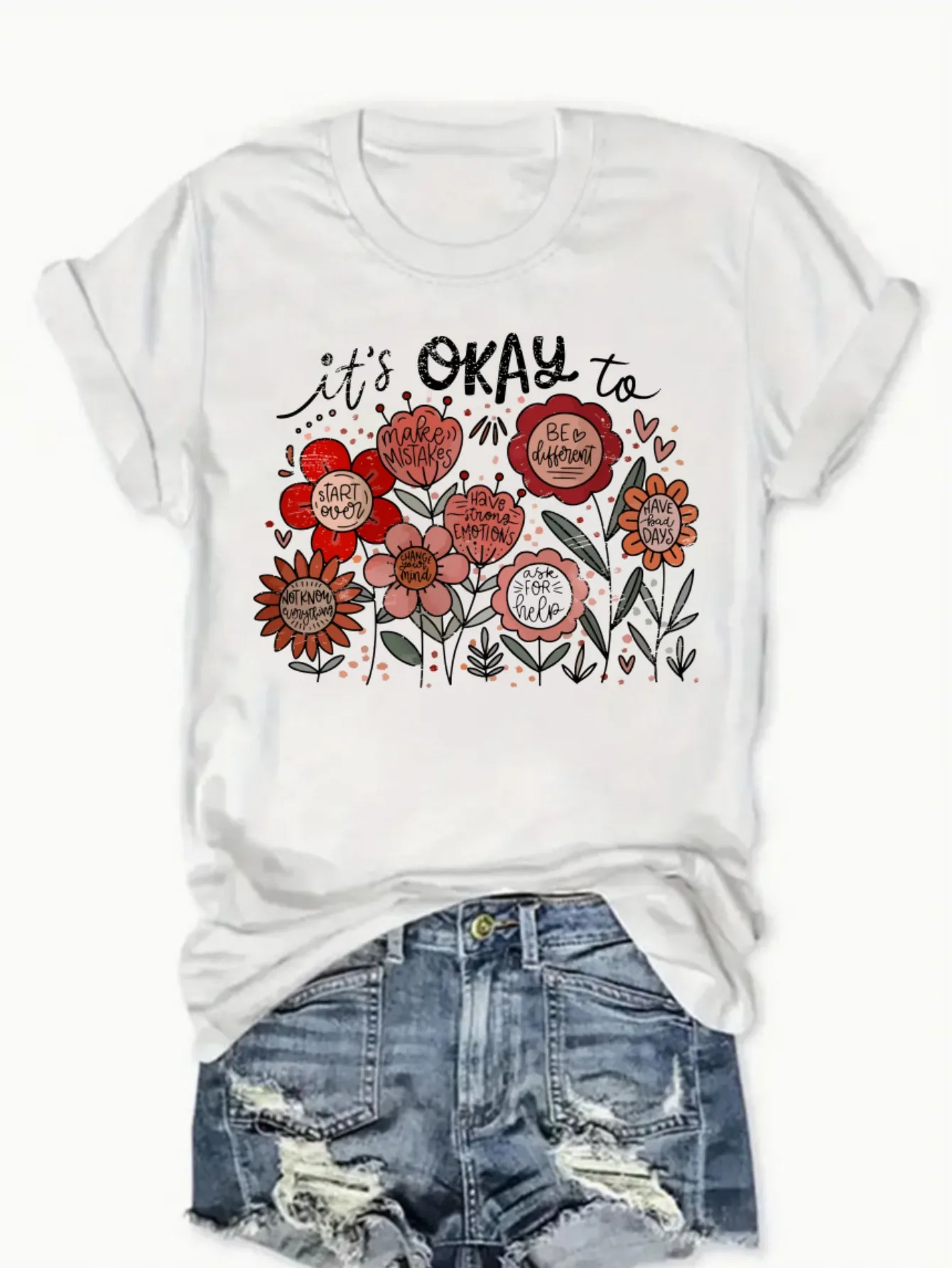 Women's Pure Casual S Short Sleeve It's Okay To Be Happy Festive Pattern Print Women's Fashion Trend Round Neck Short Sleeve
