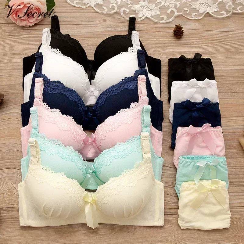 Sexy Lace Bra Set Women Students Thin Bras Pantys Adjustable Lingerie Solid Brassiere Low Wasit Fitness Seamless Underwear Set