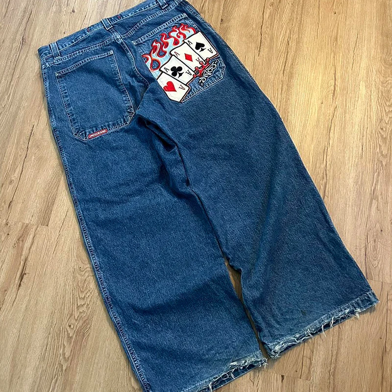 

JNCO Poker Graphic Embroidery Retro Blue Jeans Men Y2K Harajuku Punk Baggy Denim Pants Goth Casual High Waist Wide Trousers New