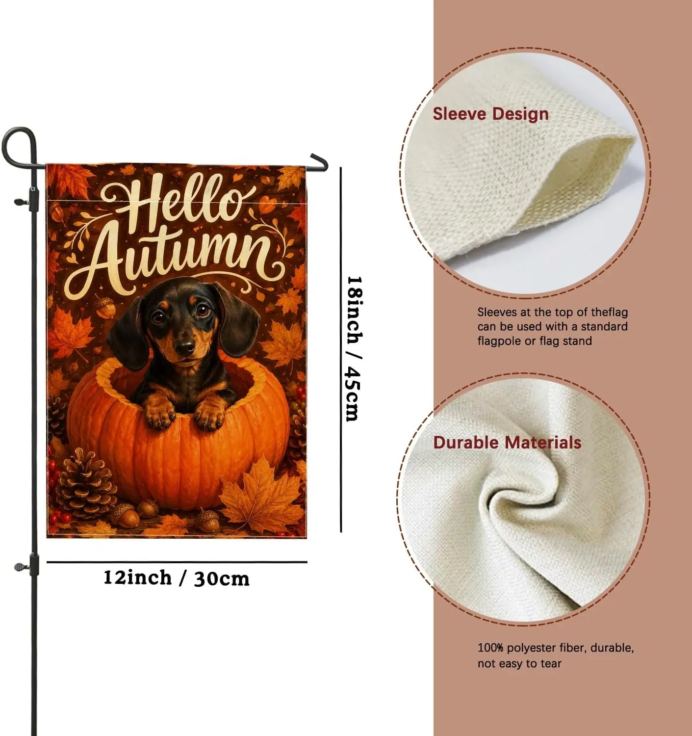 Dachshund Garden Flag, Seasonal Fanciful Pumpkins Leaves Fall Orange Double Sided Burlap Small Garden Yard Flag