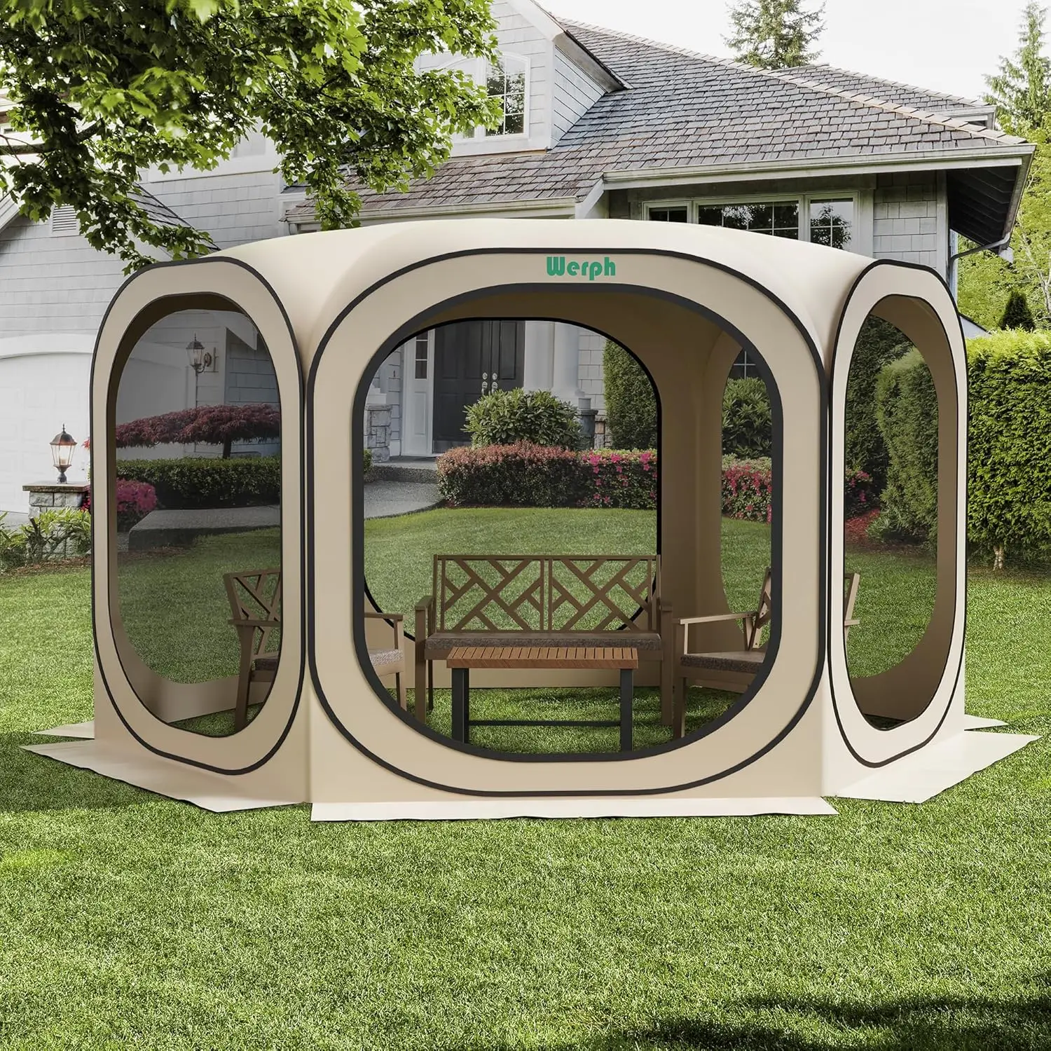 

12x12 FT Portable Pop Up Screen Tent Canopy with Mosquito Net, Carry Bag for Outdoor Lawn Garden Parties, Beige