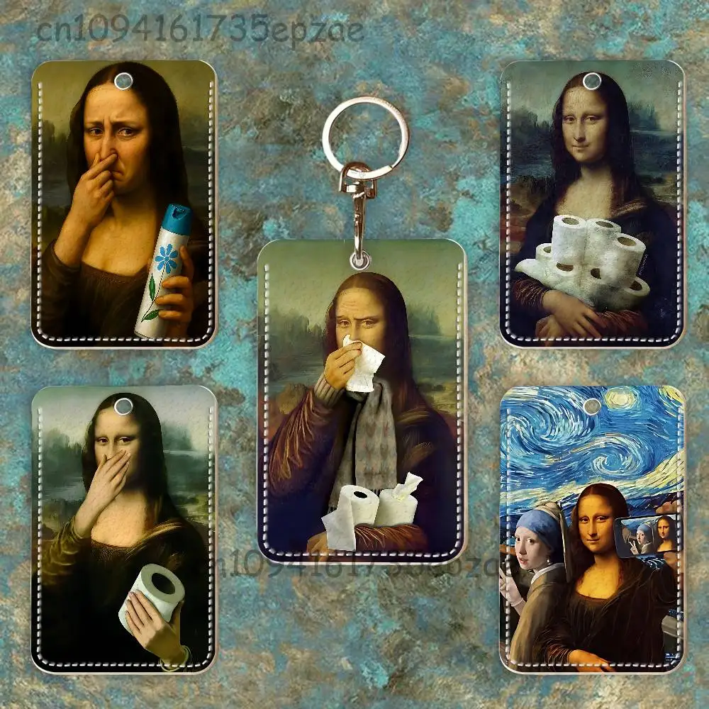 

M-Mona L-Lisa Holding Toilet Custom Access Card Case Leather Card Holder Keychain Key Ring Transportation Card Case Gifts