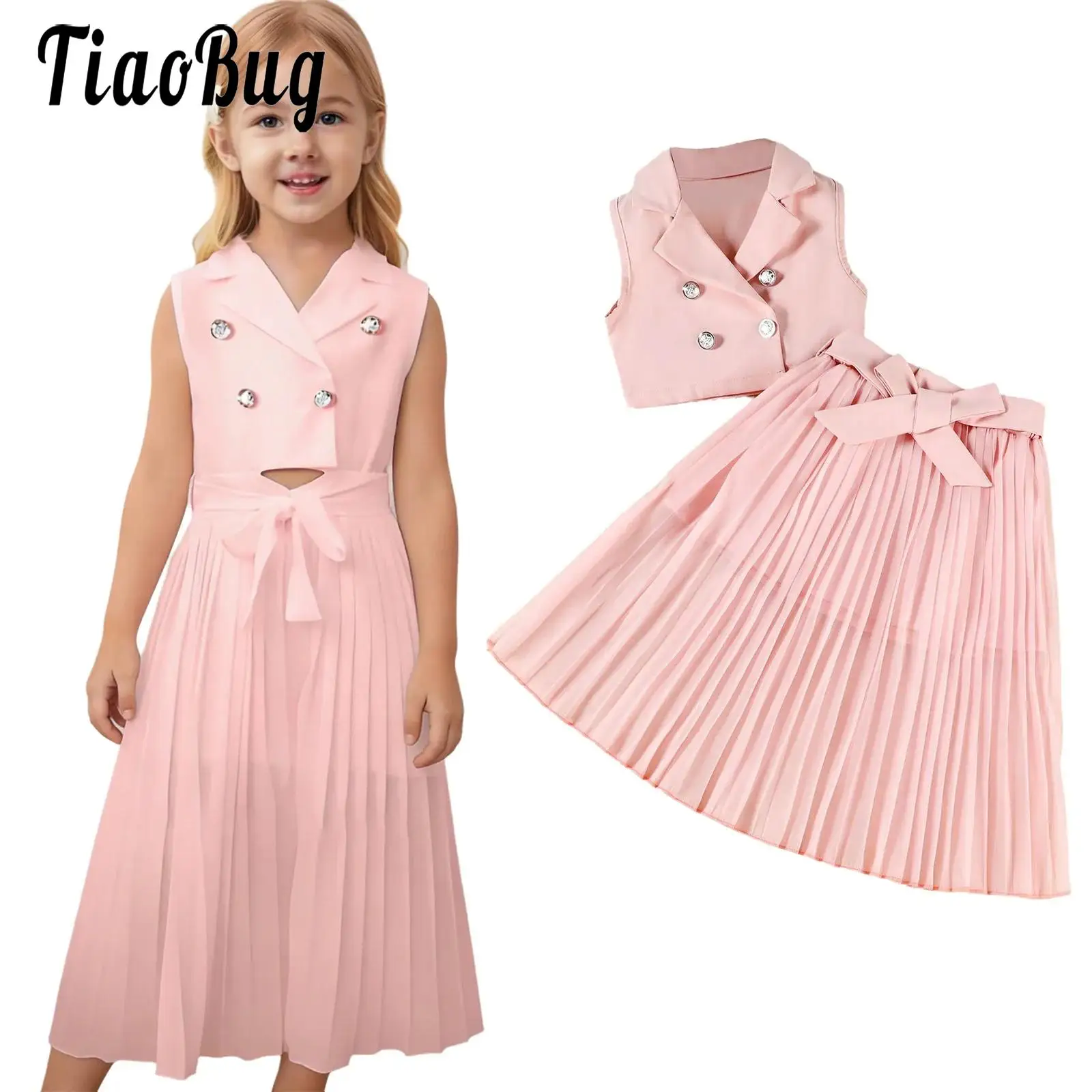 

Kids Girls Elegant Flower Girl Two-Piece Outfit for Party Wedding Clothes Sleeveless Double-Breasted Crop Top with Pleated Skirt