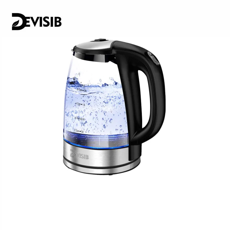 DEVISIB Electric Kettle with Stainless Steel Heater 2L Glass Tea Kettle 2200W Hot Water Boiler LED Indicator Auto Shut-Off