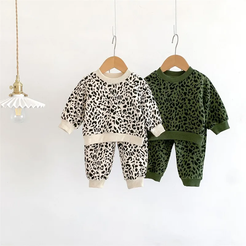 2024 Autumn New Baby Leopard Print Clothing Set Girls Long Sleeve Tops + Cotton Pants 2 Pieces Suit Children Boy O-neck Clothes