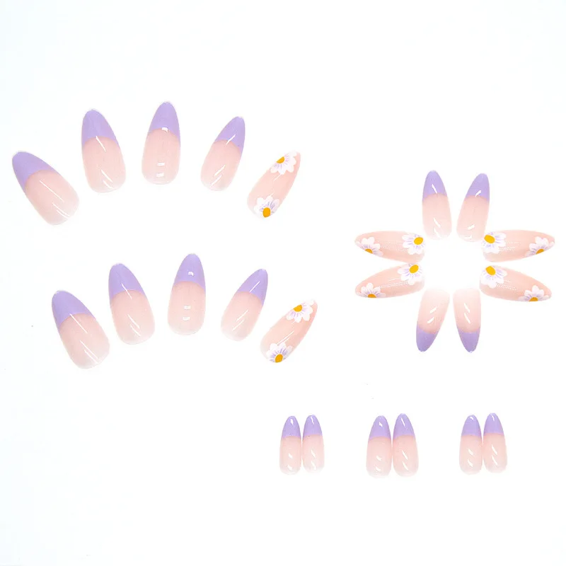 24pcs Free Glue Press on Nail Tip,Purple Wearable False Nails Design Manicure Fresh Floral Almond Water Droplet Shaped Nails