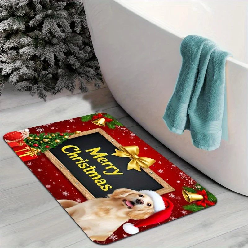 Golden Retriever Christmas Flannel Mat Carpet, Blackboard Blessing Design Pet Mat Non-Slip for Living Room Bedroom Office Decor