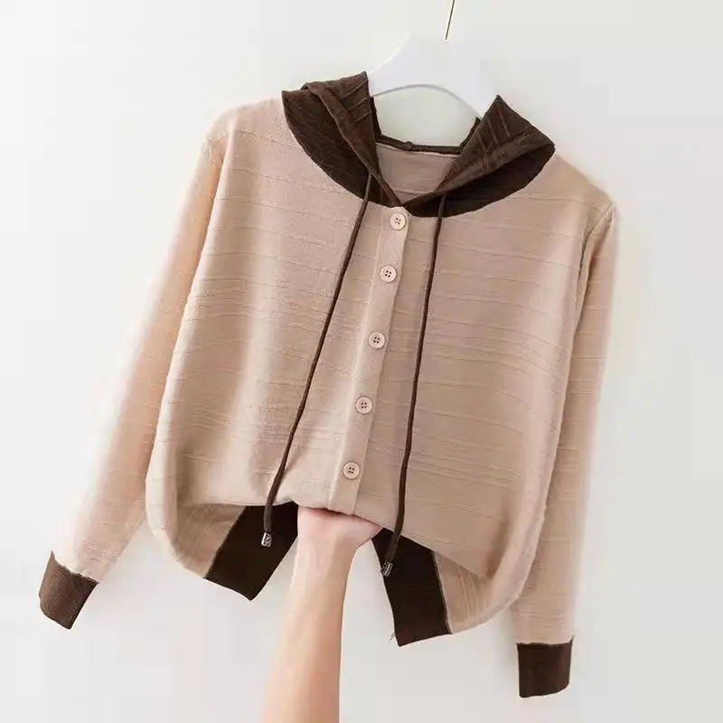 Hooded Knitted Cardigan for Women Loose and Stylish Thin with a Hat Short Sweater Jacket Top