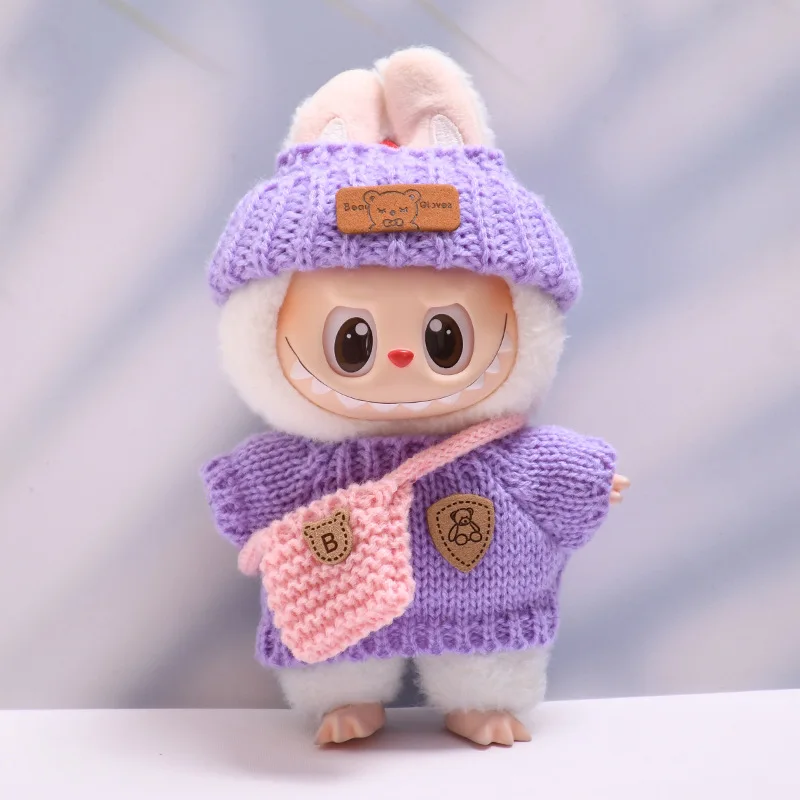 

Clothes For LABUBU 1517cm 1st2nd3rd Gen Handmade Knitted Sweaters Cute Bear Logo Hat Crossbody Pouch Set