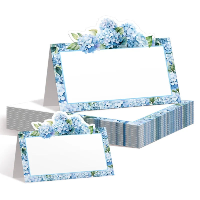 50 Stück Blaue Hortensien Tischkarten Florale Platzkarten Hochzeits-Sitzplatzkarten für Brautparty Geburtstag Dinner-Party Dekoration