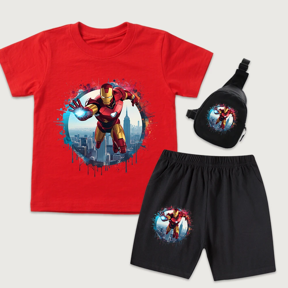 

Детский комплект из хлопковой футболки и шорт с принтом Iron Man City Splash и мини-сумкой на грудь, повседневный летний наряд для мальчиков и девочек, комплект из 3 предметов