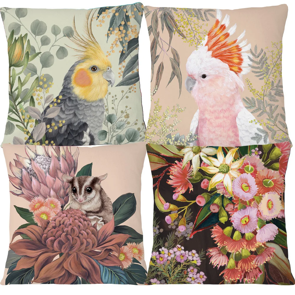 Australian Native Local Birds Animals And Plants Cushion Cover Wombat Parrot Cockatoo Budgies Kookaburra Print Pillow Case