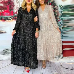 Women's Glitter Sequin  A-Line Pullover Holiday Dress Deep V Fashion Loose And Elegant Banquet Dress For Women's 2025 Long Dress