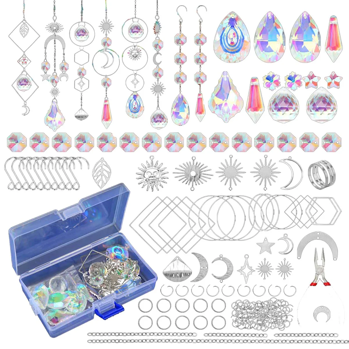 200 Pcs Crystal Suncatcher,Sun Catchers with Crystals,CAU30t Kits for Adults, with Rainbow Maker, Prism, Pendants Silver