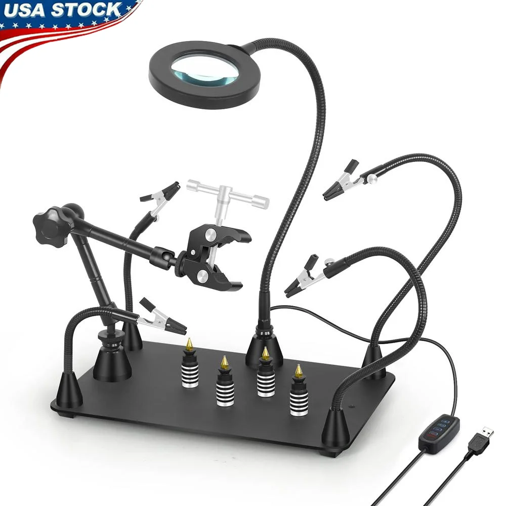 Magnetic Soldering Holder Third Hand Tool with LED Magnifying Lamp 360 Rotation Hot Air Gun Stand